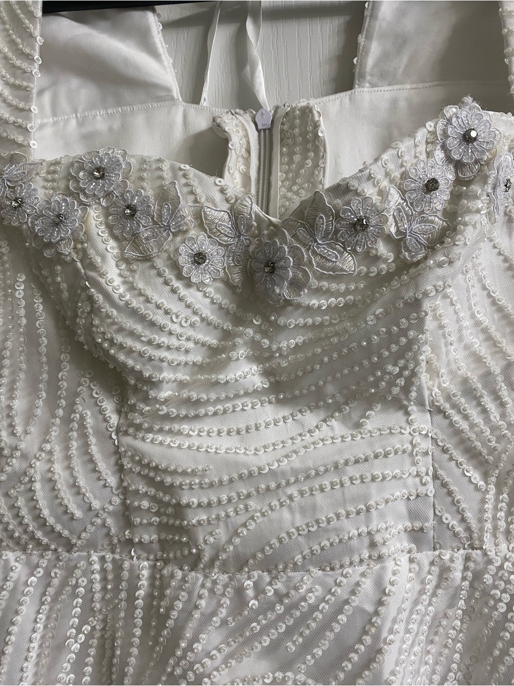 Vintage Elegant White Swirl Sequin Beaded Midi Formal Dress Long Sheer Sleeves M - Picture 3 of 16